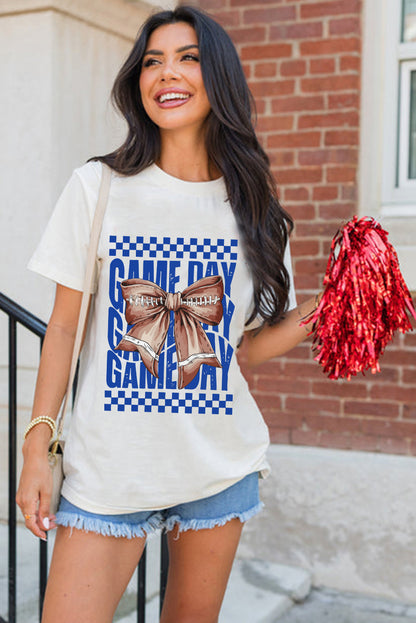 White Football Bow Heat Transfer Printing Game Day Crewneck T Shirt