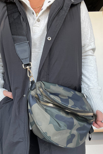 Green Camouflage Print Double Zipper Crossbody Bag