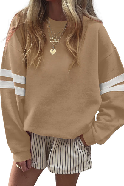 Coffee Preppy Striped Sleeve Loose Sweatshirt
