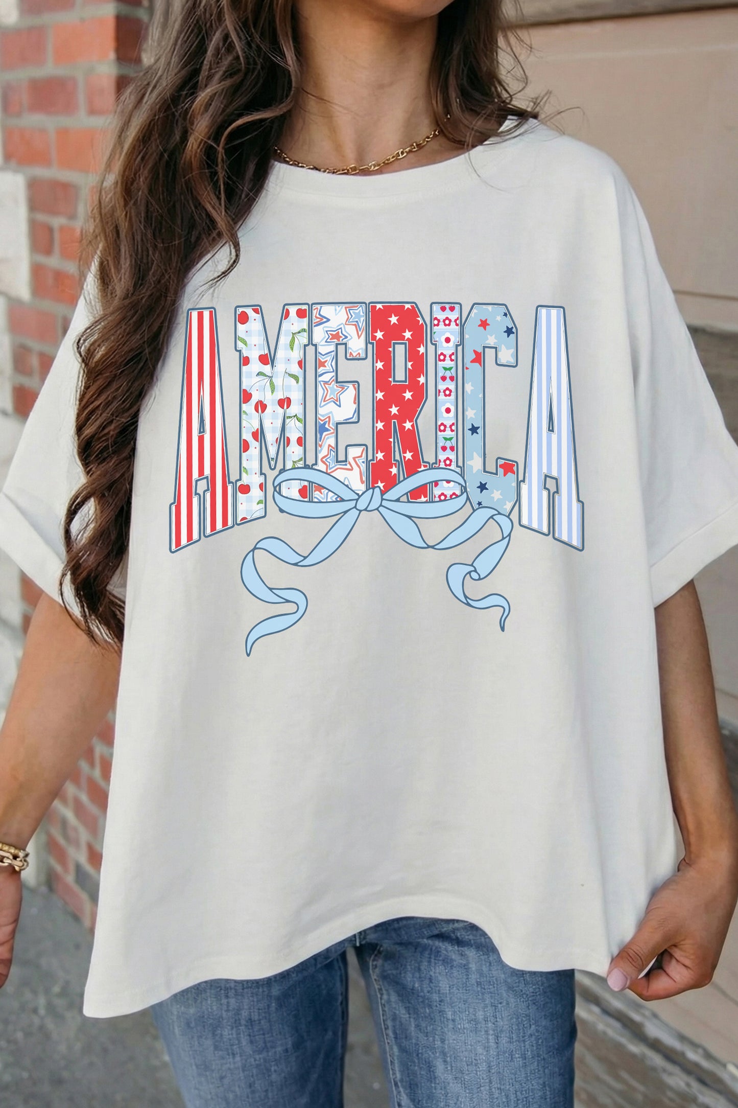 White Coquette AMERICA Printed Half Sleeve Loose Tee
