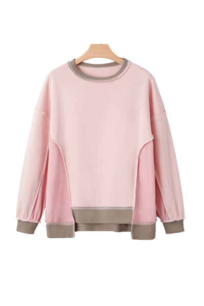 Smoke Green Colorblock Waffle Patchwork Oversize Sweatshirt