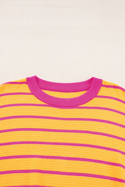 Pink Stripe Round Neck Drop Shoulder Loose Sweater