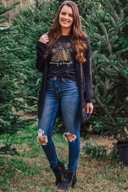 White Leopard Christmas Tree Heat Transfer Printing Crew Neck Graphic Tee