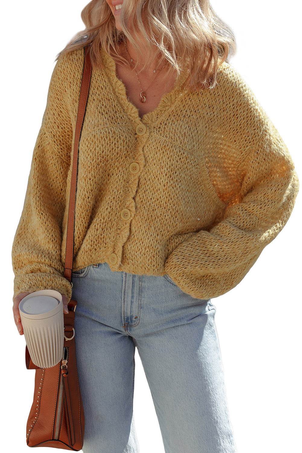 Light French Beige Lantern Sleeve Scallop V Neck Buttoned Front Cardigan