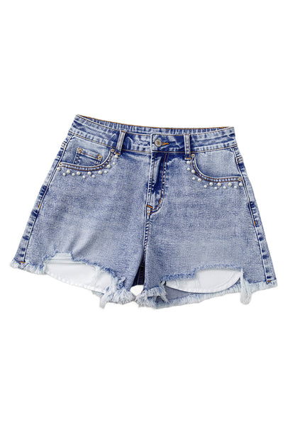 Beau Blue Pearl Studded Pocket Raw Hem Denim Shorts