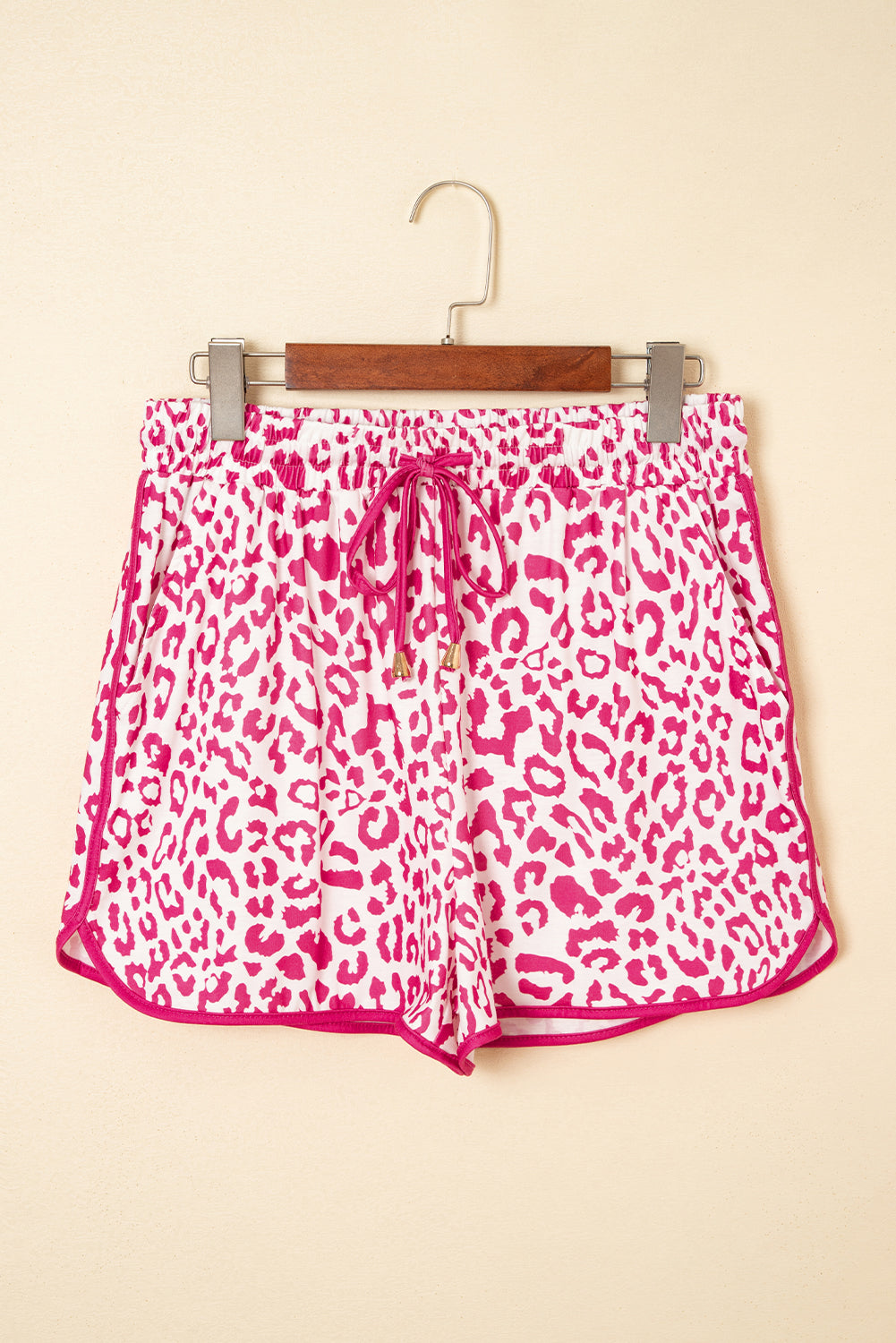 White Leopard Elastic Waist Lace up Contrast Trim Casual Shorts