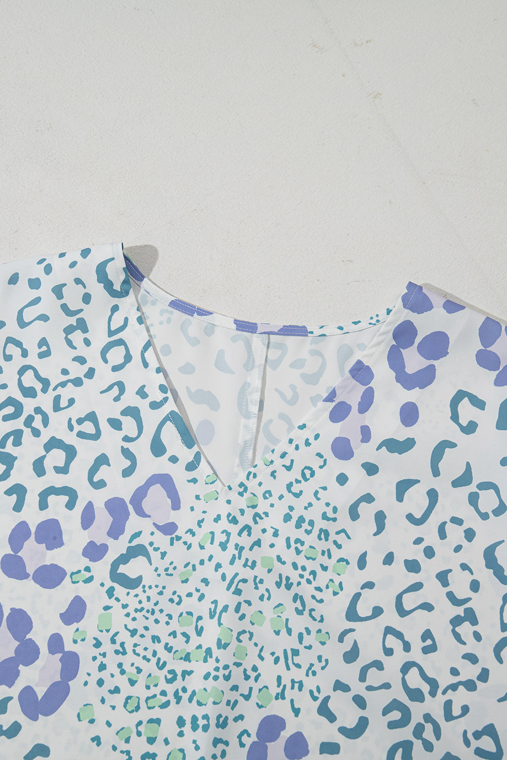 Sky Blue Leopard Print V Neck Short Sleeve Blouse