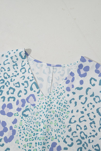 Sky Blue Leopard Print V Neck Short Sleeve Blouse