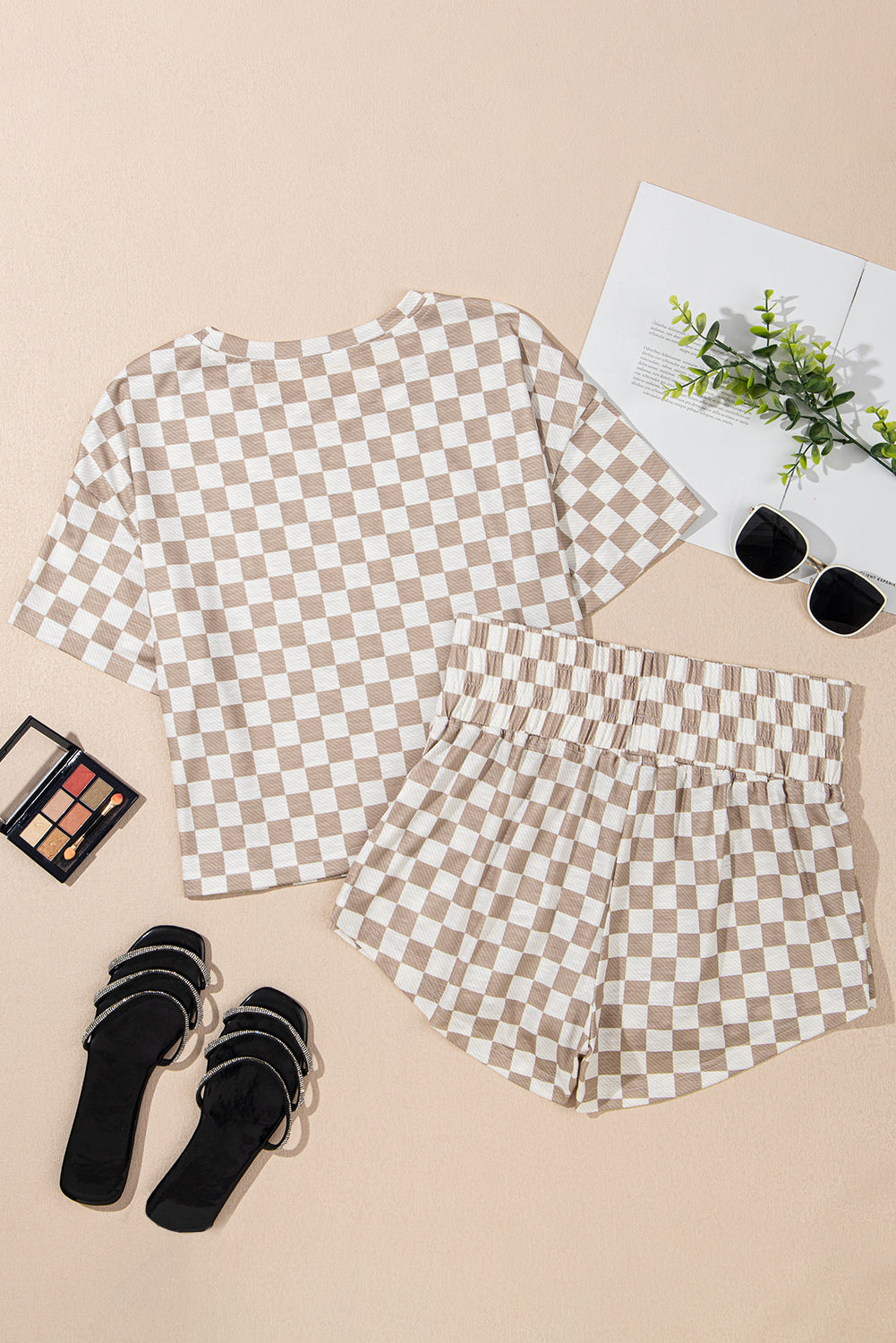 Brown Checkerboard T Shirt and High Waist Skort Set
