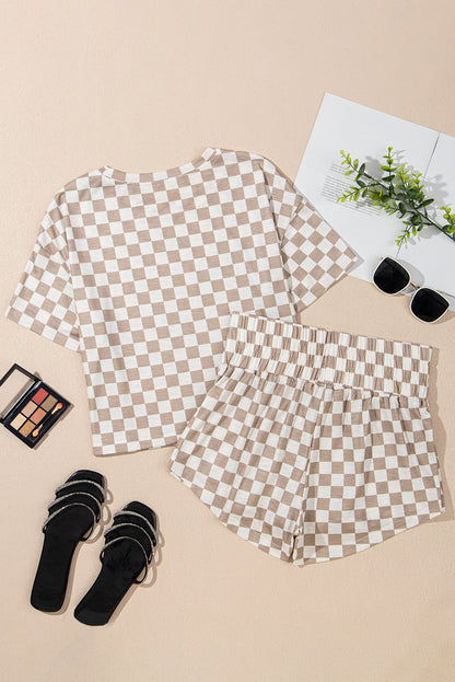 Brown Checkerboard T Shirt and High Waist Skort Set