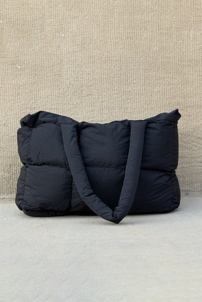Black Solid Quilted Puffy Zipped Large Tote Bag