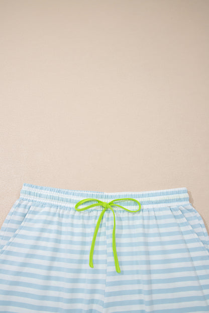 Sky Blue Stripe Contrast Neck Loose Tee and Drawstring Shorts Set