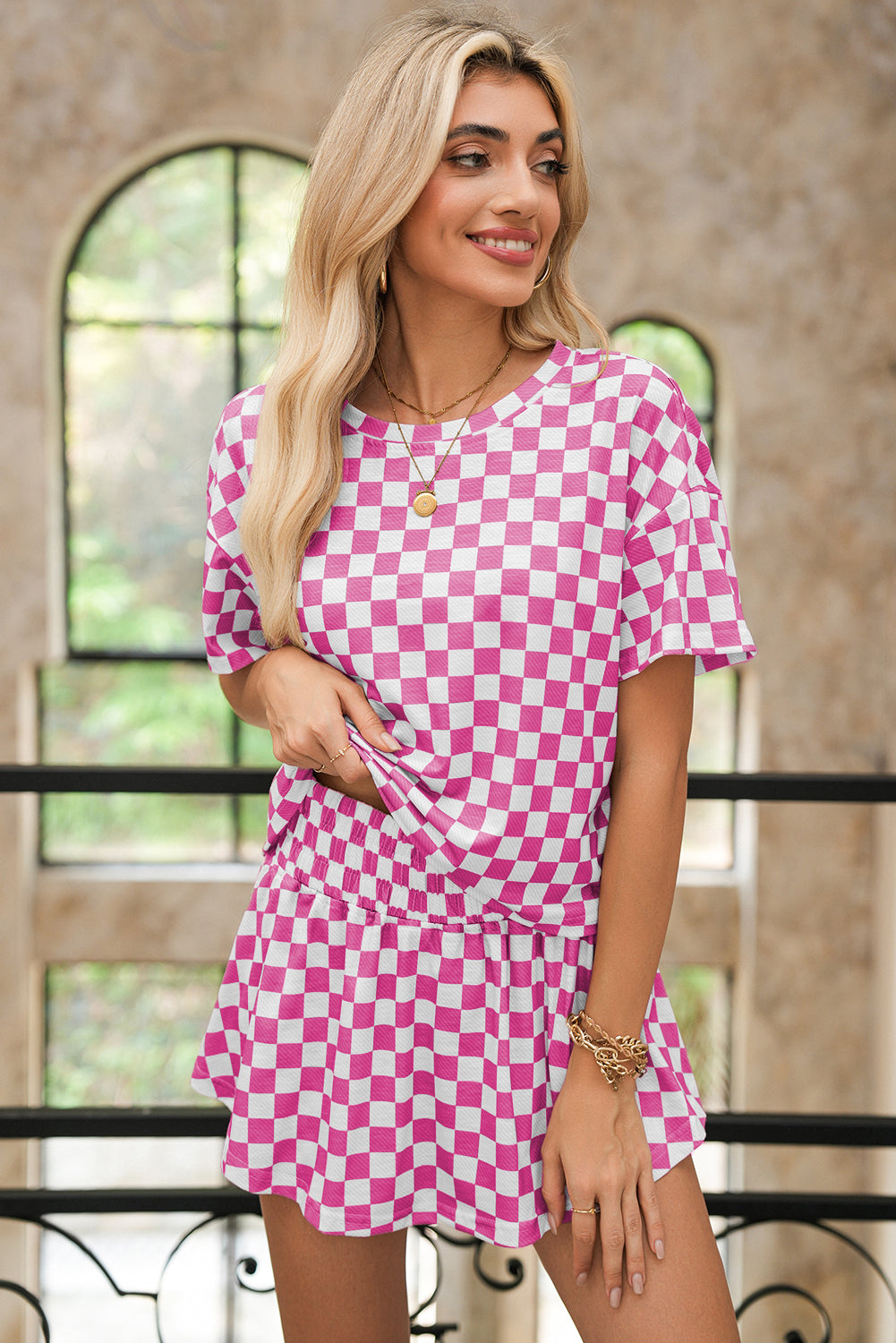 Brown Checkerboard T Shirt and High Waist Skort Set