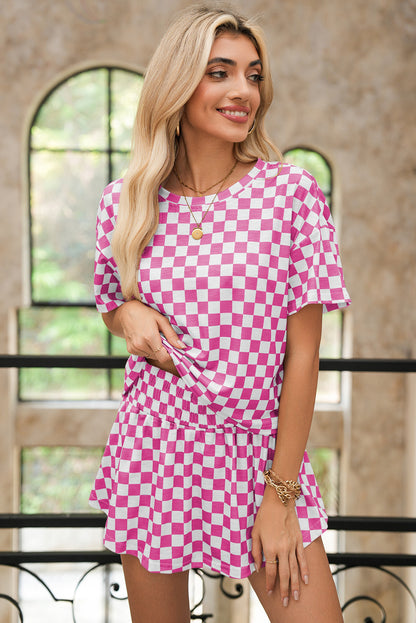 Brown Checkerboard T Shirt and High Waist Skort Set