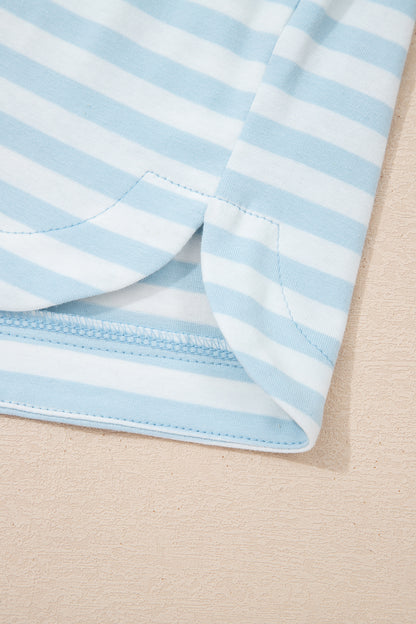 Sky Blue Stripe Contrast Neck Loose Tee and Drawstring Shorts Set