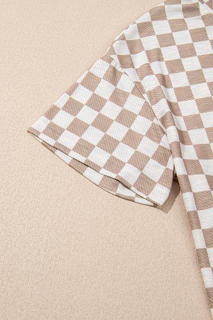 Brown Checkerboard T Shirt and High Waist Skort Set