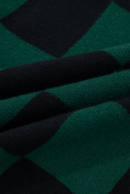 Green Checked Notched Neckline Drop Shoulder Knit Sweater