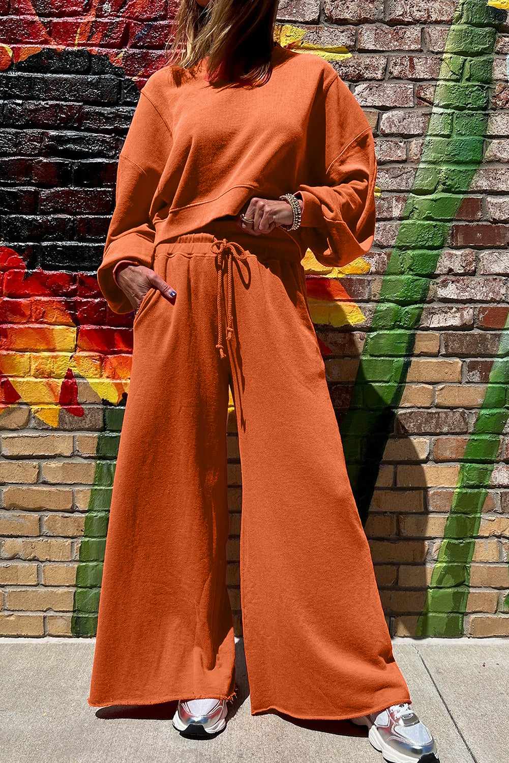 Yellow Cream Drop Shoulder Crop Pullover Drawstring Wide Leg Pants Set