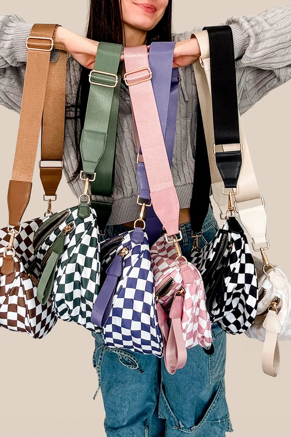 Chicory Coffee Checkered Print Wide Strap Large Crossbody Bag