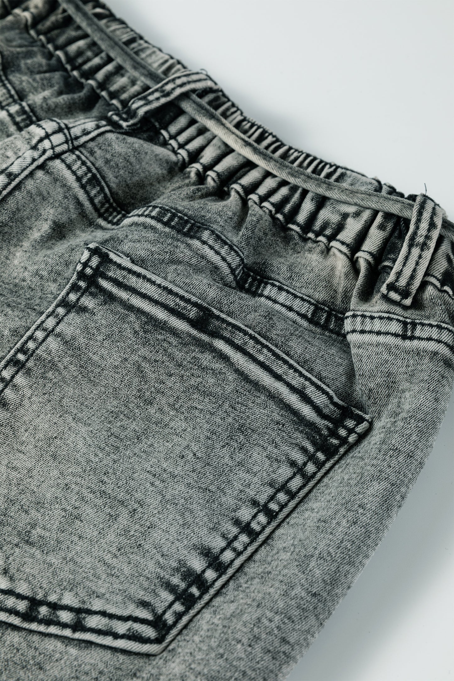 Smoke Gray Acid Wash Barrel Fit Denim Pants with Waist String