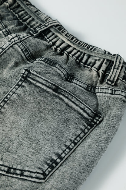Smoke Gray Acid Wash Barrel Fit Denim Pants with Waist String