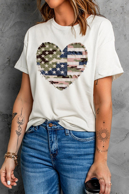 White Patriotic Heart Graphic Tee with USA Flag and Camo Print