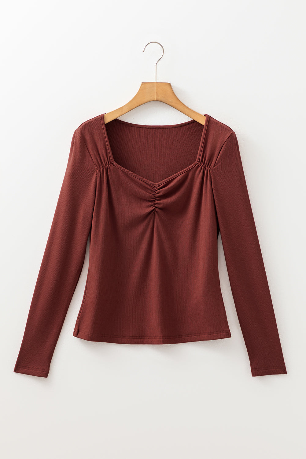Old Rose Ruched Sweetheart Neck Ribbed Long Sleeve Top