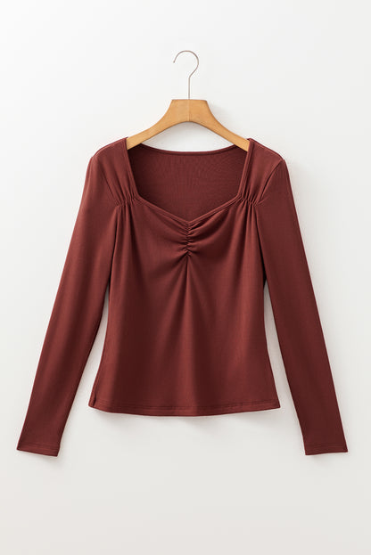 Old Rose Ruched Sweetheart Neck Ribbed Long Sleeve Top