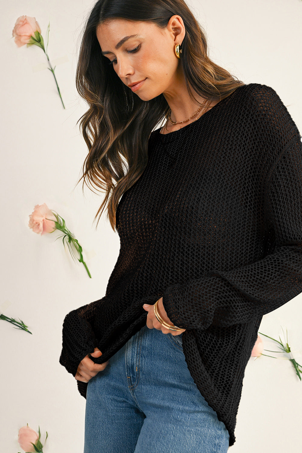Coral Crochet Hollow-out Knit Sweater