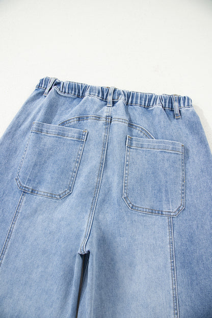 Prussian Blue Drawstring Seam Detail Raw Hem Wide Leg Jeans