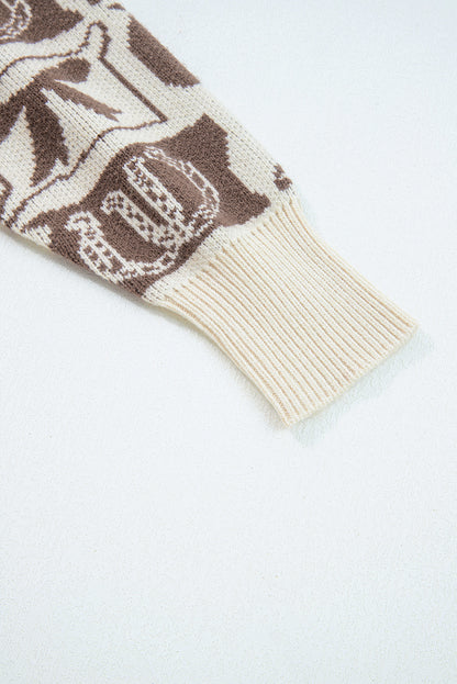 Brown Colorblock Bow Pattern Drop Sleeve Sweater