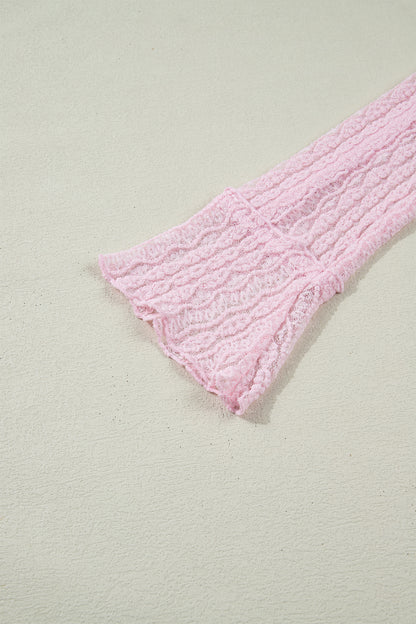 Apricot Flounced Long Sleeve Mock Neck Sheer Lace Top