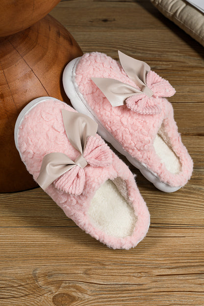 White Contrast Bowknot Applique Plush Winter Slippers