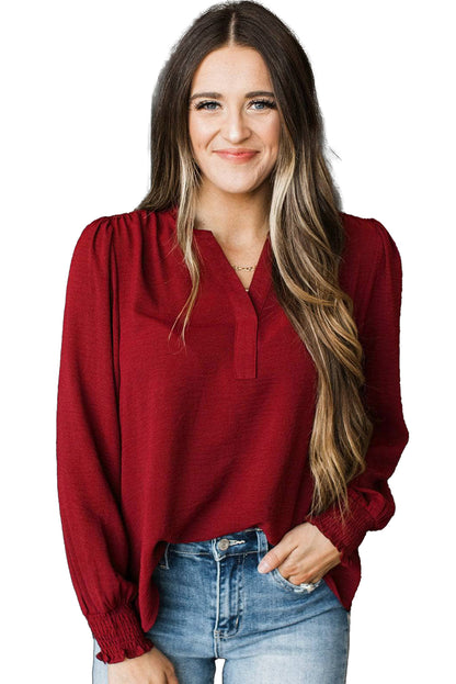 Burgundy Notched Neck Shirred Cuffs Long Sleeve Blouse