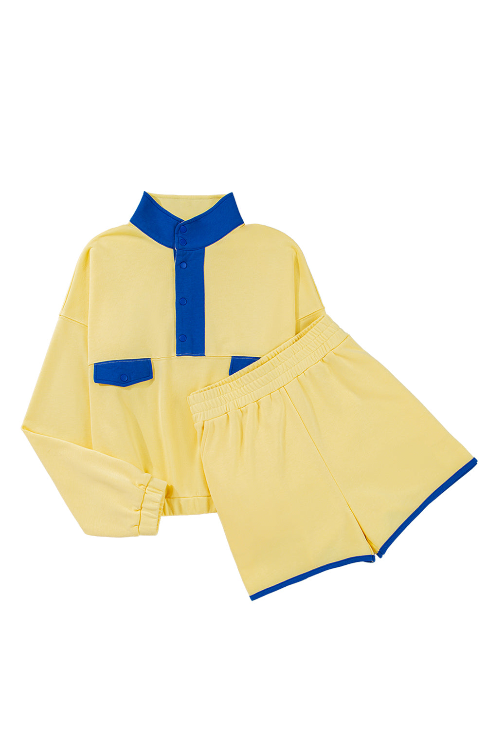 Black Colorblock Patchwork Half Button Pullover and Shorts Outfit
