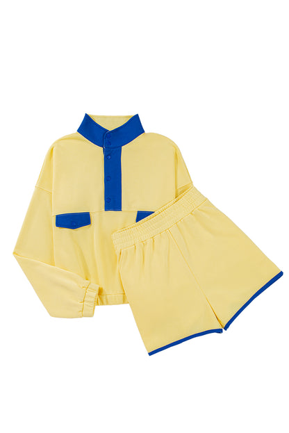 Black Colorblock Patchwork Half Button Pullover and Shorts Outfit
