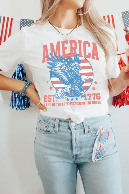 White Vintage AMERICA Eagle Printed Freedom Spirit Patriotic Tee