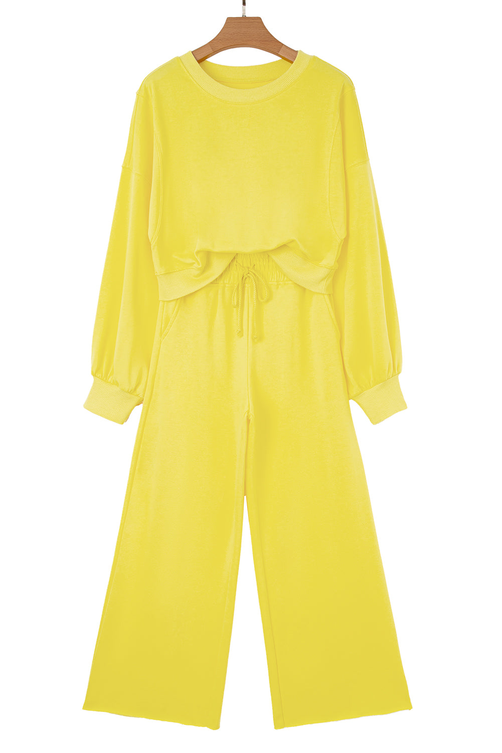 Yellow Cream Drop Shoulder Crop Pullover Drawstring Wide Leg Pants Set