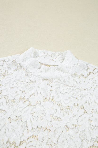 White Lace Crochet Bell Sleeve Mock Neck Blouse