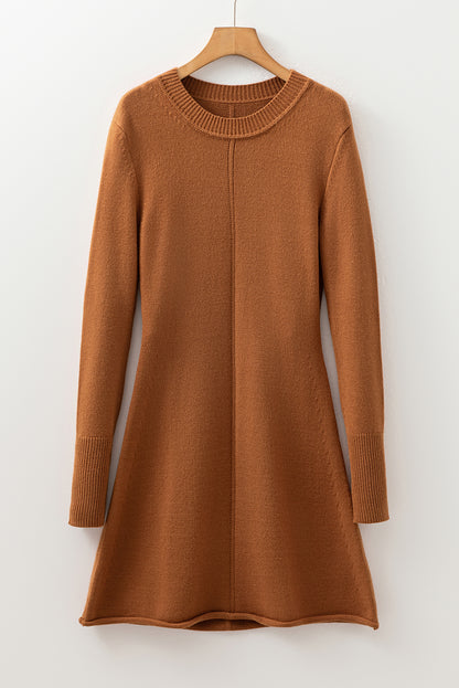Straw Yellow Ribbed Detail Solid Color Mini Sweater Dress