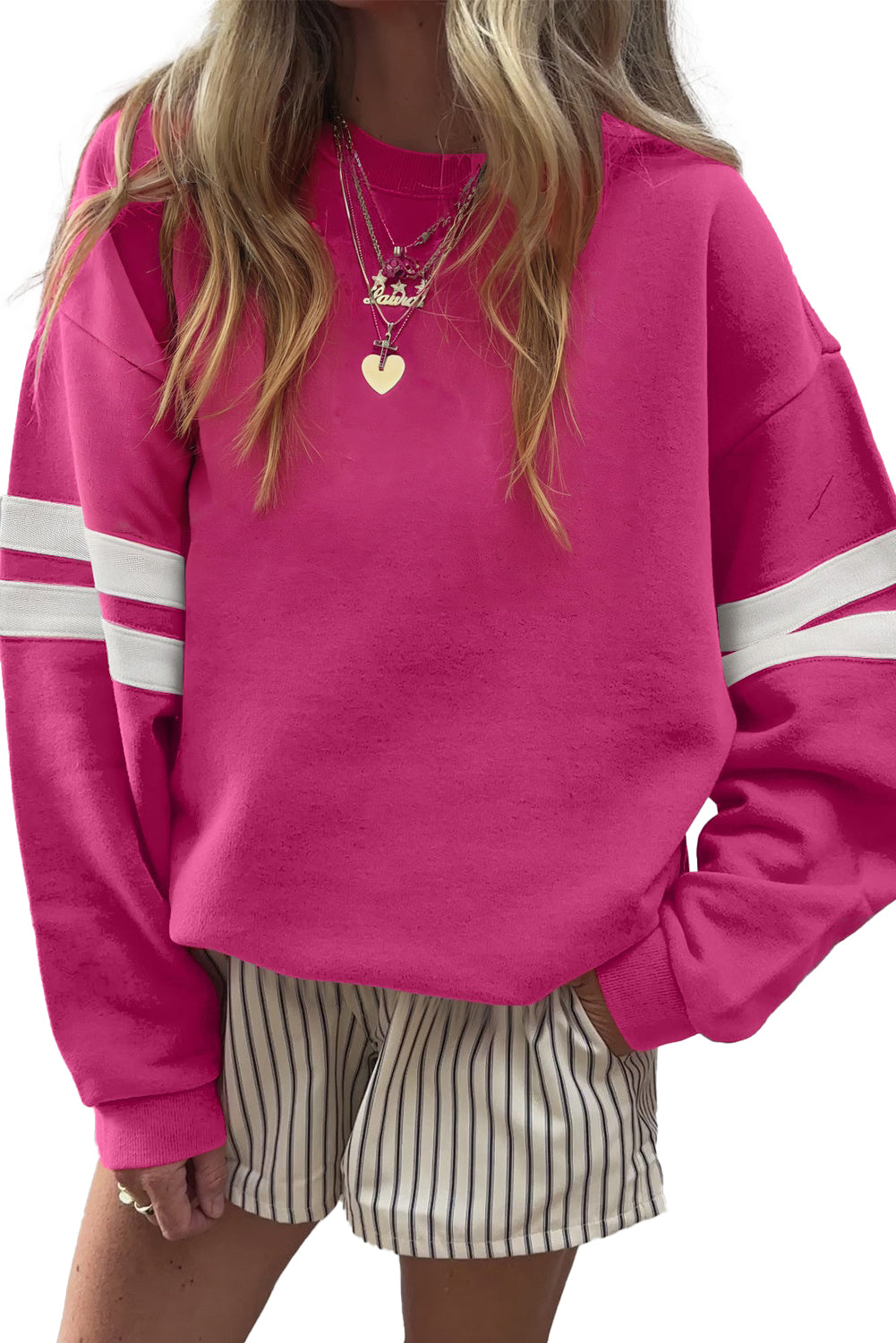 Coffee Preppy Striped Sleeve Loose Sweatshirt