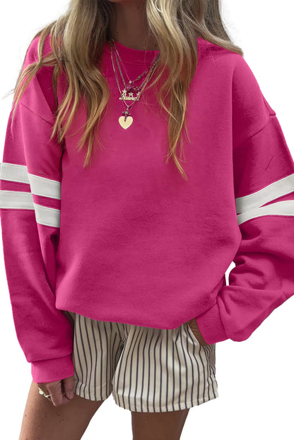 Coffee Preppy Striped Sleeve Loose Sweatshirt