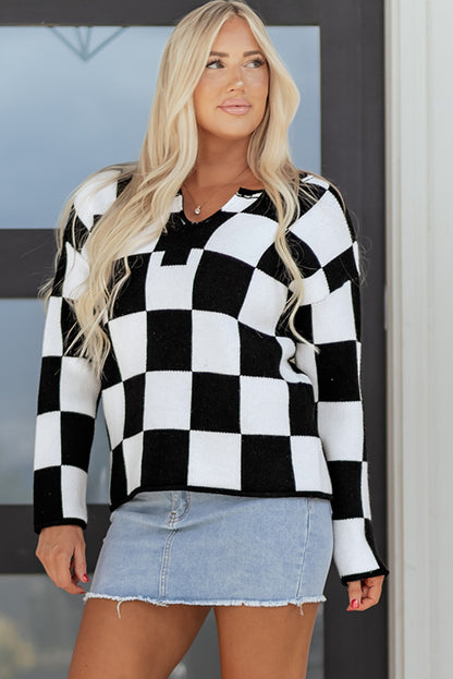 Green Checked Notched Neckline Drop Shoulder Knit Sweater