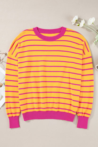 Pink Stripe Round Neck Drop Shoulder Loose Sweater