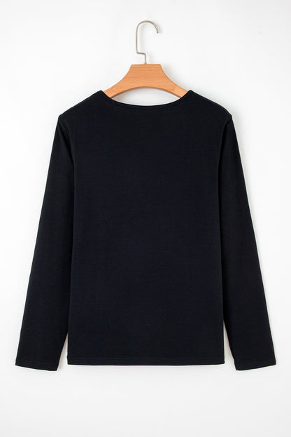Black  Asymmetric Seam Detail Solid Color Long Sleeve Top