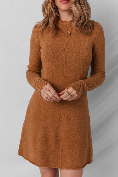 Straw Yellow Ribbed Detail Solid Color Mini Sweater Dress