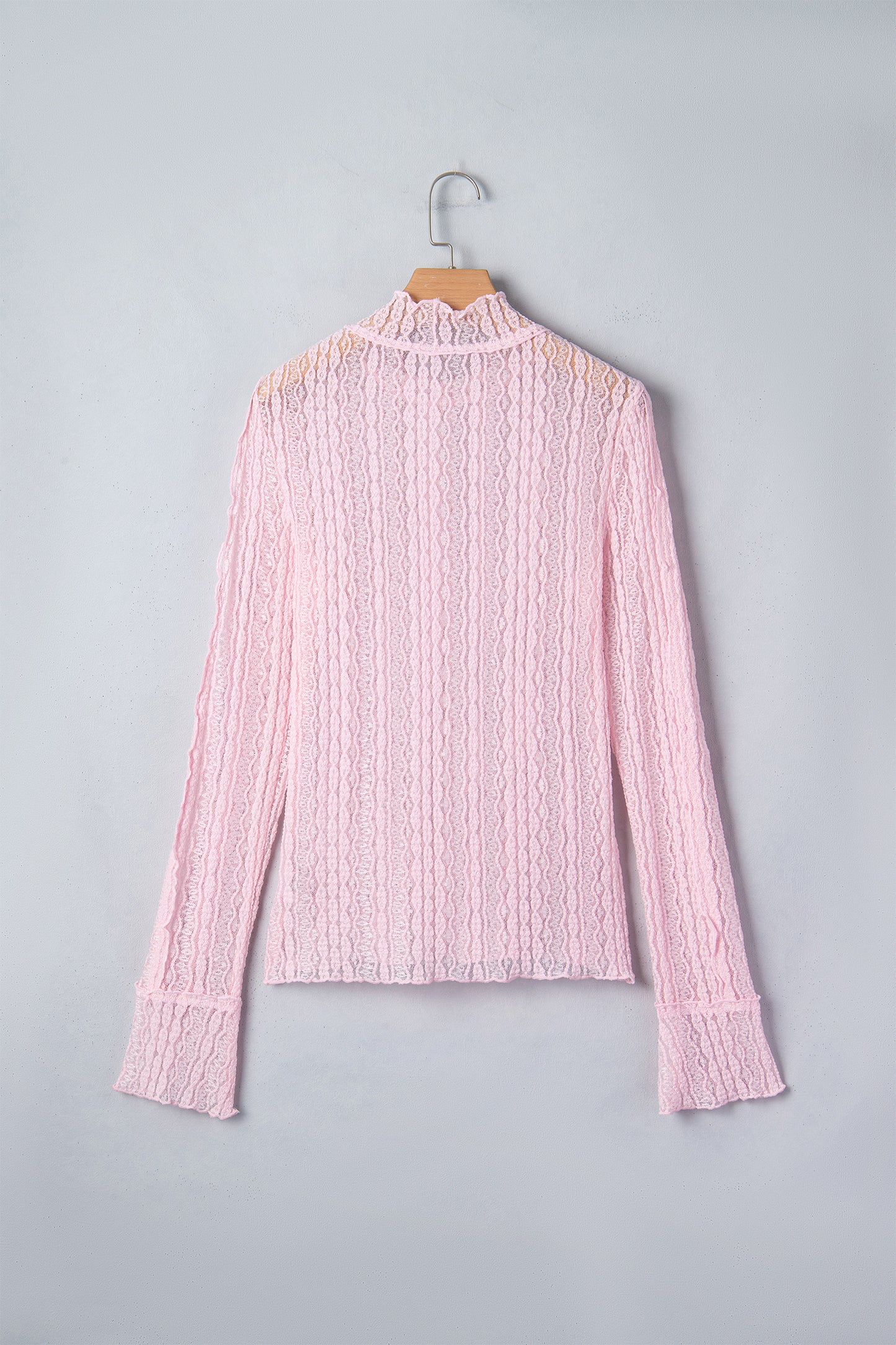 Apricot Flounced Long Sleeve Mock Neck Sheer Lace Top