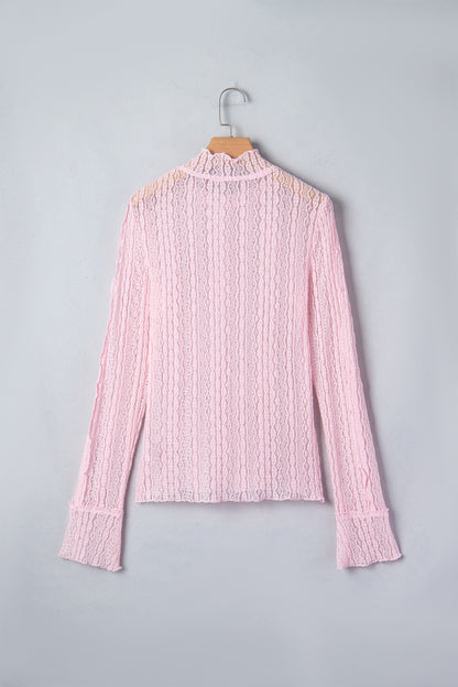 Apricot Flounced Long Sleeve Mock Neck Sheer Lace Top