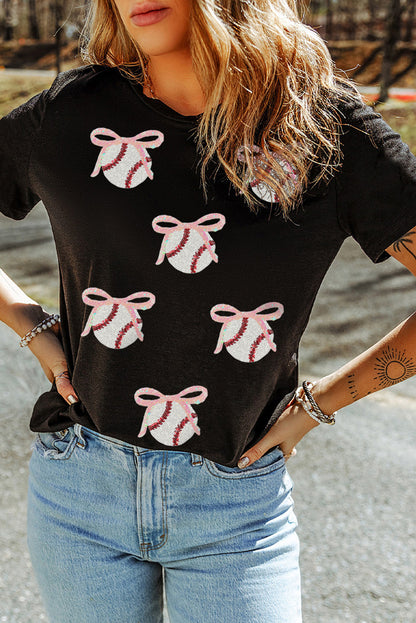Black Shimmering Bow Ball Patterned Sequins Patch Game Day Casual Tee