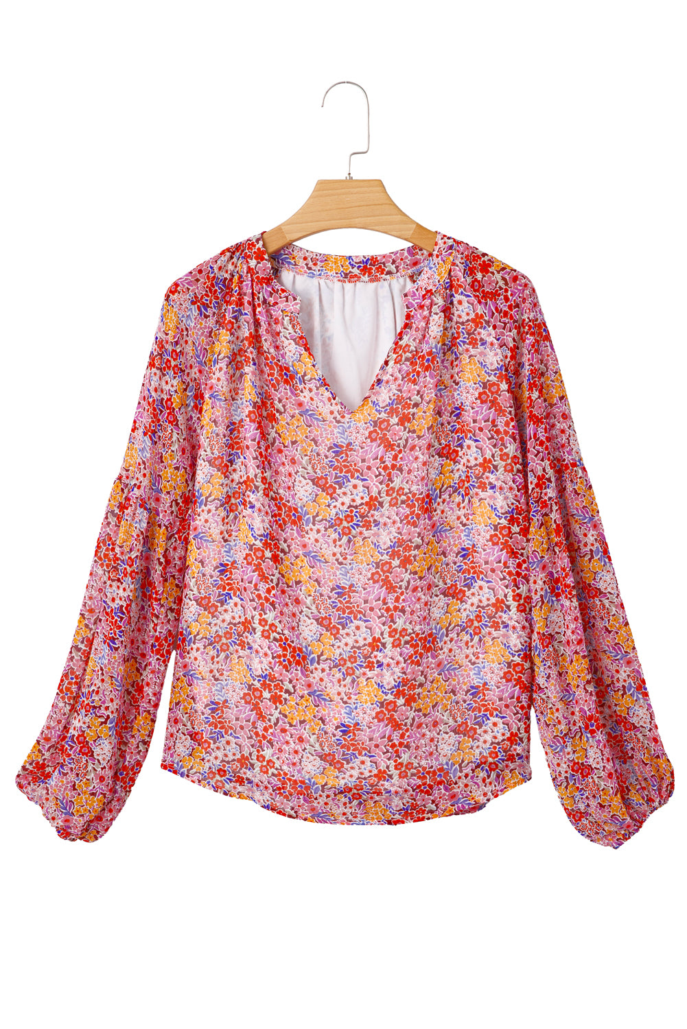 Red Boho Floral Print V Neck Long Sleeve Blouse